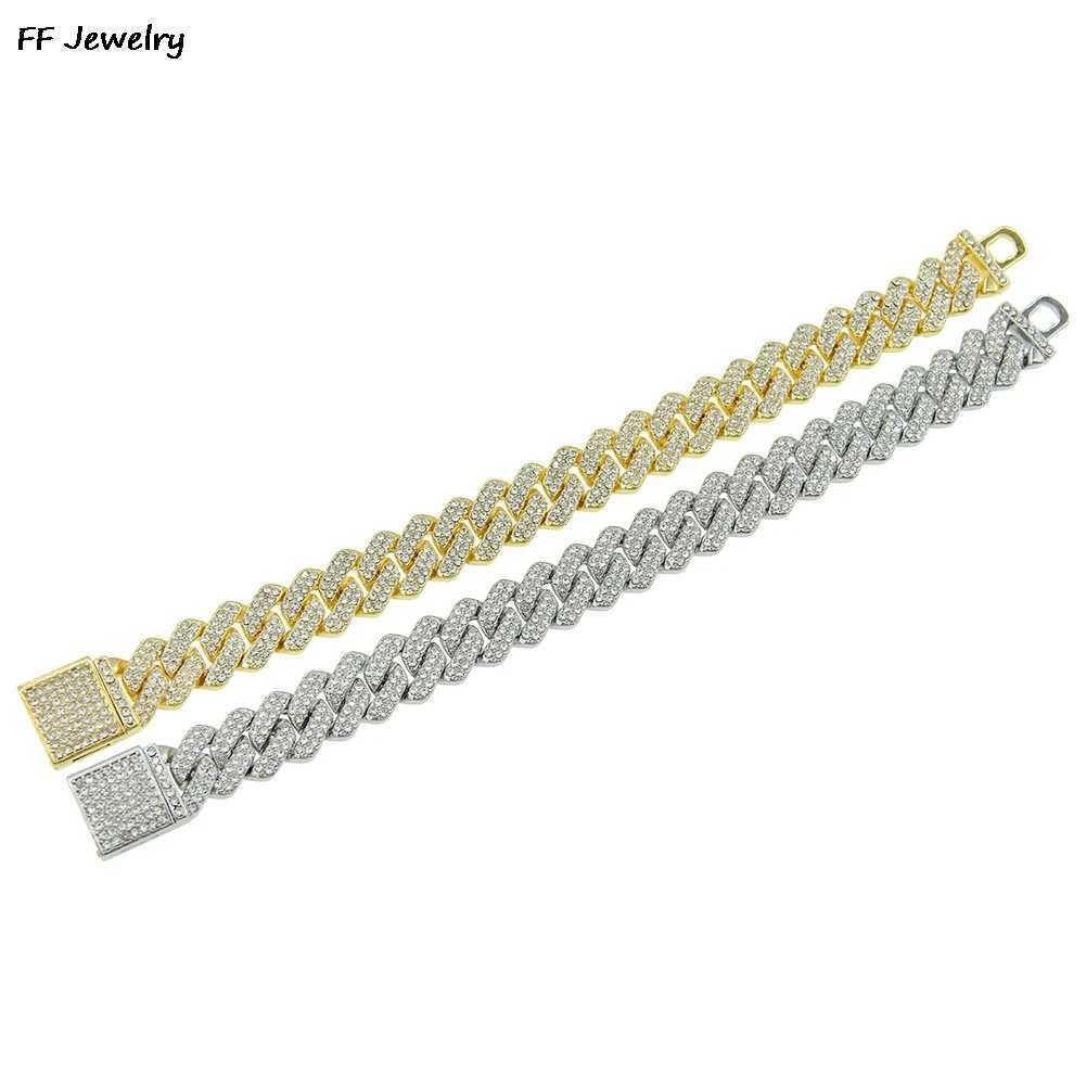 14mm Hip Hop Shiny Cuban Link Chain Bracelets Gold Color Rhinestone Iced Out Chain Bracelets Punk Wristband Women Men Jewelry Y250208