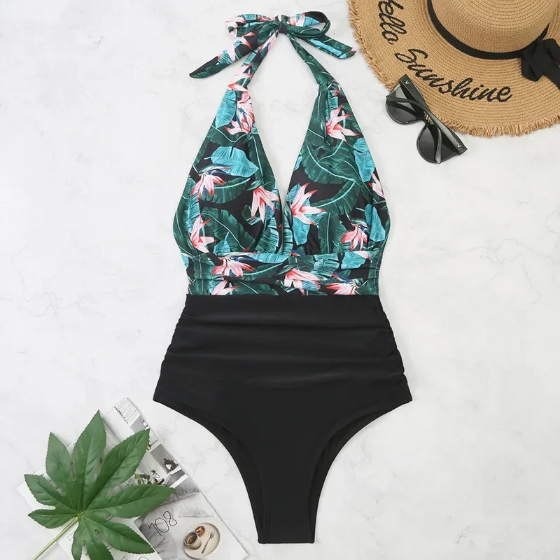 Fashion Printed One Piece Swimsuit Women Bathing Suit Sexy Bikinis Swimming Suits Ladies Beachwear Backless Lace Up Swimwear 250206