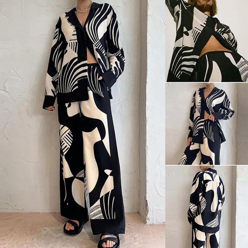 Women Digital Print 2 Piece Set Chic Lapel Long Sleeved Blouse Top Loose Straight Leg Pants Suit Fashion Streetwear Outfits 250207