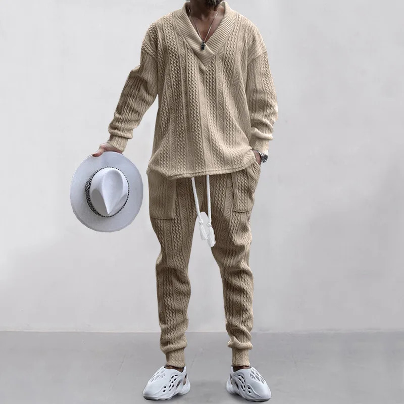 Male Beach Set Quick Dry Hawaiian Casual Pants V-neck All Matching Jacquard Knit Mens Suit Solid Color Long-Sleeved TopPants 250208