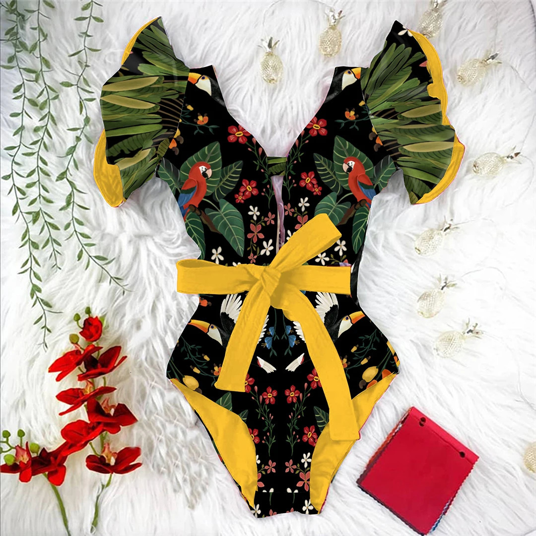 2025 Print Swimwear Deep V-neck Ruffle Swimsuit Push Up One Piece Swimsuit Beach Wear Backless Monokini 250206