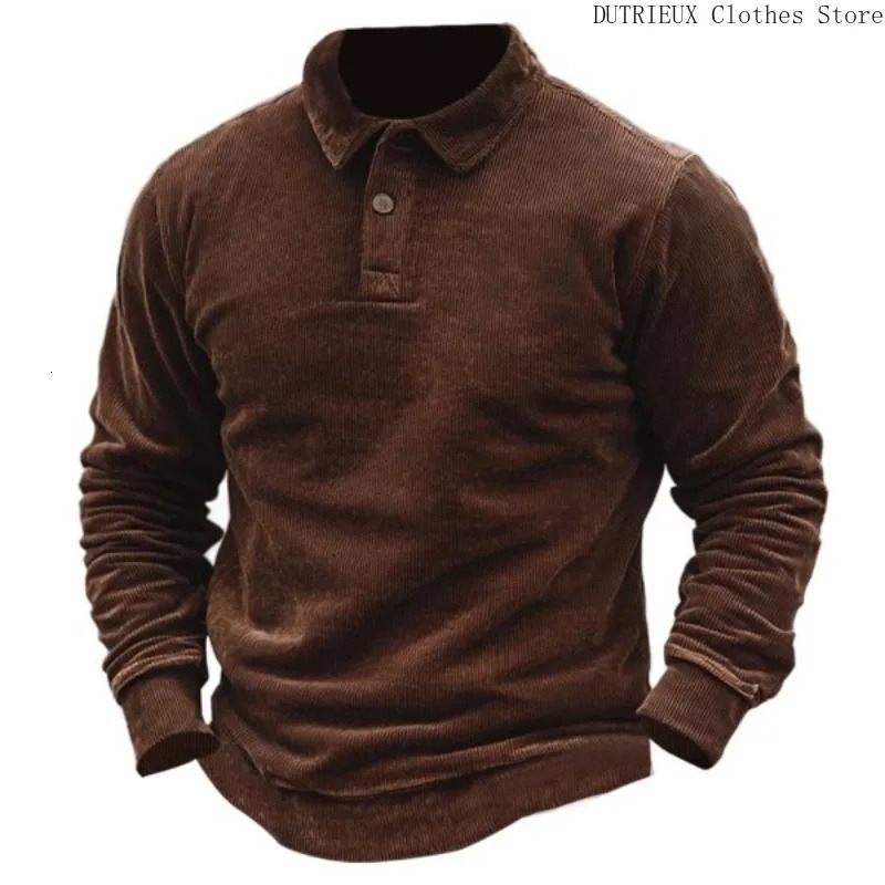 Autumnwinter Mens Vintage Corduroy Polo Shirt Longsleeved Pullover Sweatshirt Business Casual Brown Gym 250207