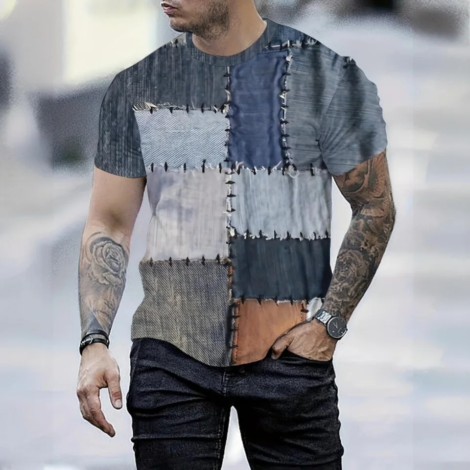 Vintage TShirt For Men Patchwork Denim Color Block Stitched Plaid Graphic T Shirts Short Sleeve Tee Oversized Clothing Tops 250207