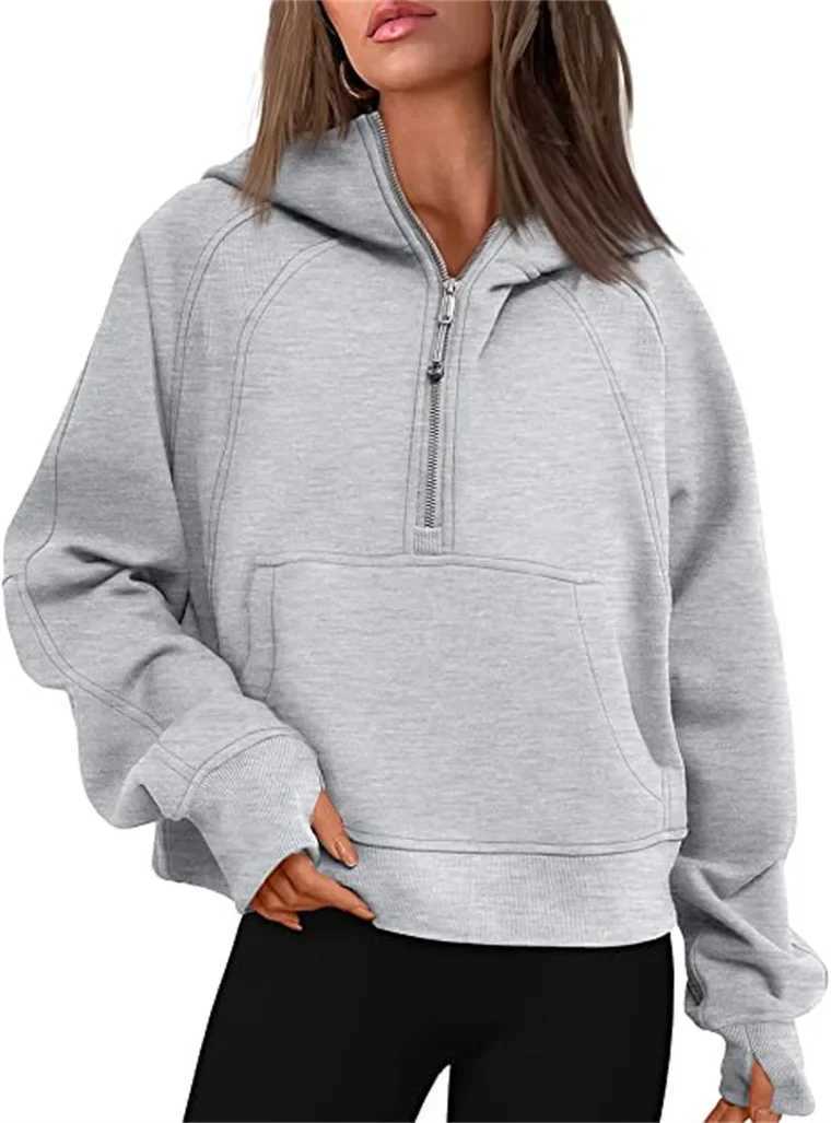 Autumn Winter Womens Yoga Suit Scuba Half-Zip Hooded Sweatshirt Loose Fit Cropped Fleece Lining Cap-Sleeve ThickenedT250207