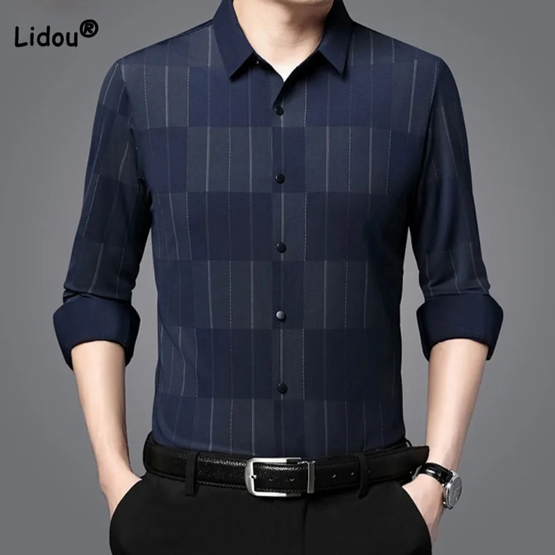 Mens Business Office Plaid Printed PoloNeck Shirt 2023 Fashion Male Clothes Long Sleeve Trend Casual Singlebreasted Shirts 250207