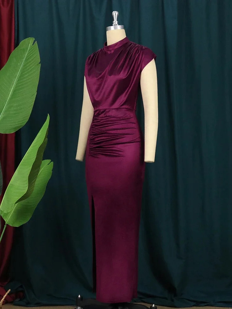 Women Dress Pleated Long Wine Red Elegant Slit High Collar Slim Fit Sleeveless Maxi Robes Female Shiny Gowns Party Spring 250208