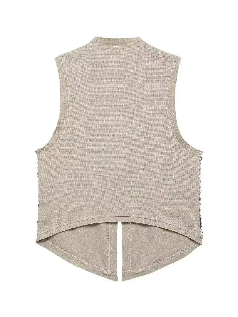 Zevity Women Euro V Neck Sequined n Patchwork Vest Jacket Lady Sleeveless Open Stitching Casual Retro WaistCoat Tops CT6229 250207
