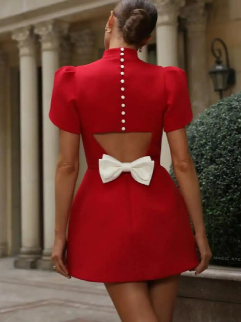 Elegant Womens White Bow Hollow Out Chic Mini Dress Short Dresses Casual Black Red Evening Party Birthday Summer 250208Z