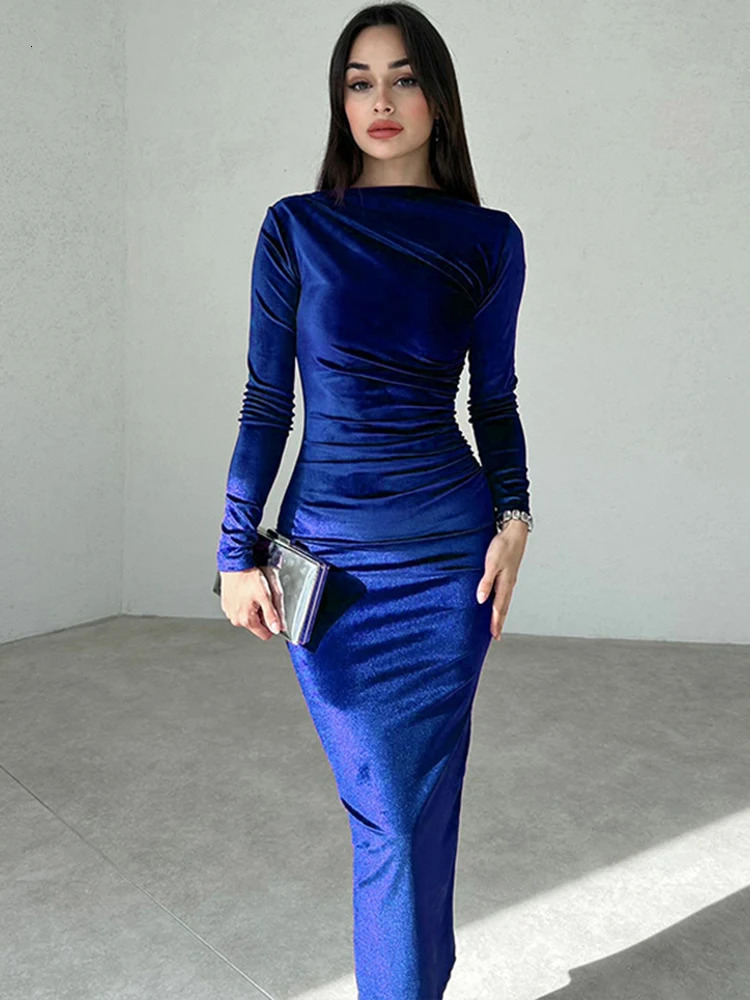 Dulgura 2024 Spring Summer Velvet Long Sleeve Midi Womens Ruched Dress Elegant Party Evening Green 250207