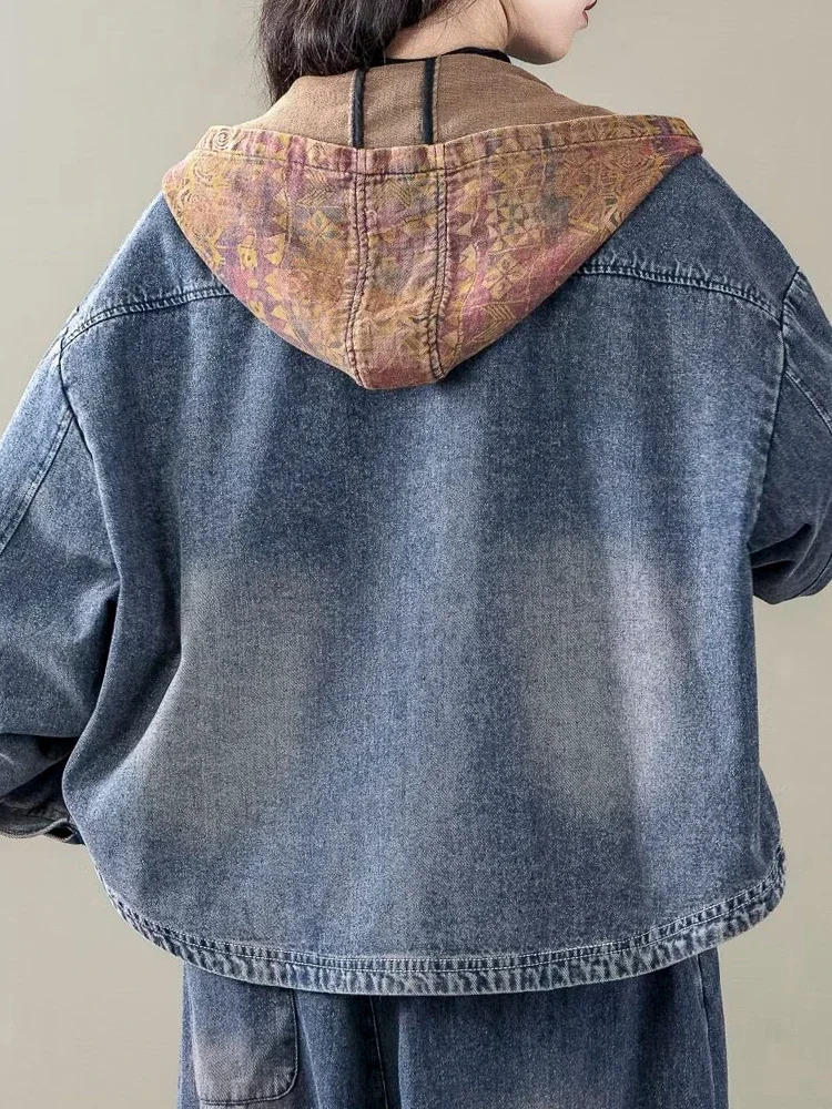 Fall Korean Females Fashion Clothes Womens Hooded Denim Jackets Loose Vintage Coats Ladies Casual Classic Outerwear 250122