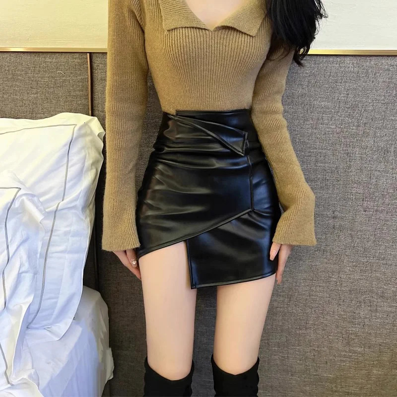 Womens Skirt Korean Edition Solid Color High Waist Irregular n Pu Leather Ultra Thin Sexy Belt Safety Pants Dress 250208Z
