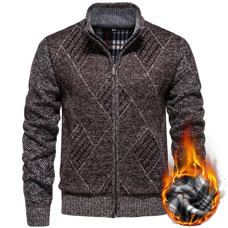 Mens Knitted Sweater Autumn Winter Warm Thick Cardigan Fashion Casual Parka Coat Plaid Stand Up Collar Men Clothing 250207