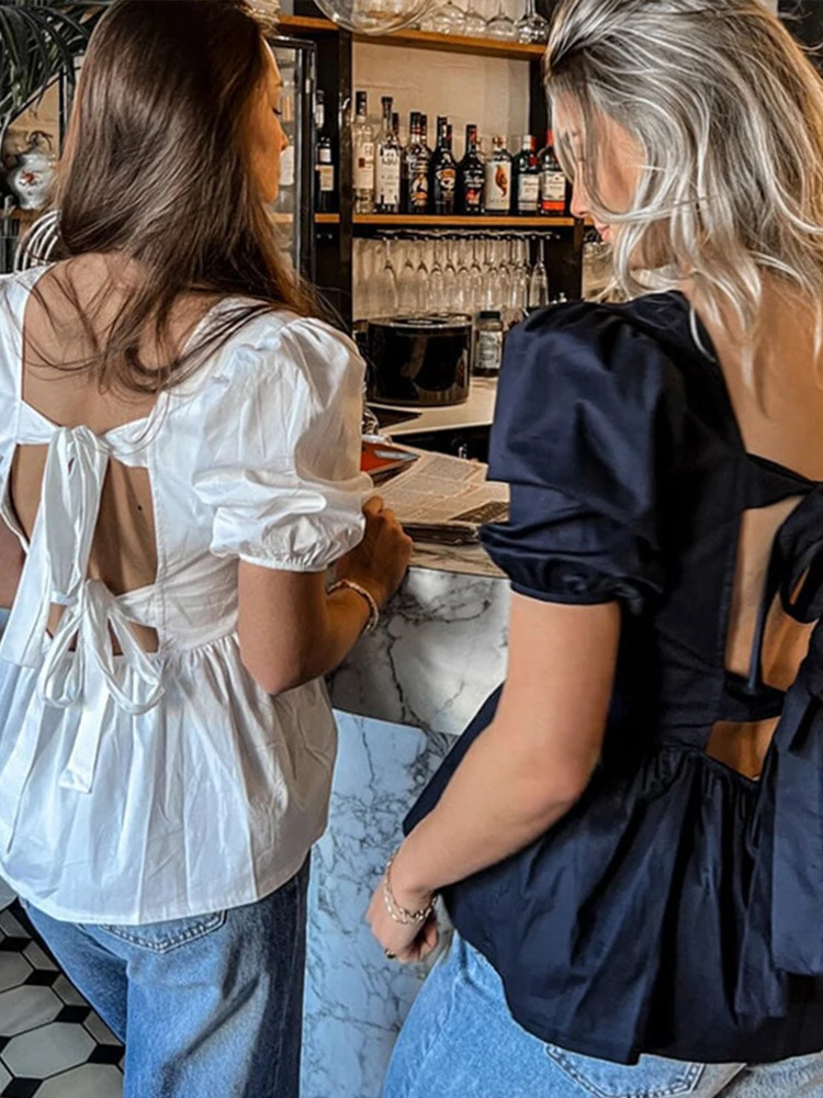 Backless Short Sleeve Shirts For Women Casual Back Lace Up Bow Tops 2025 Spring Summer Fashion Lady Blouse Loose Streetwears 250121