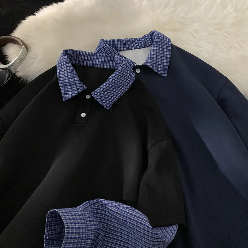 Blue Plaid TwoPiece Illusion Polo Shirt 2025 Spring Long Sleeve Korean Style Lattice Splicing Lapel Sweatshirt Couple 250207