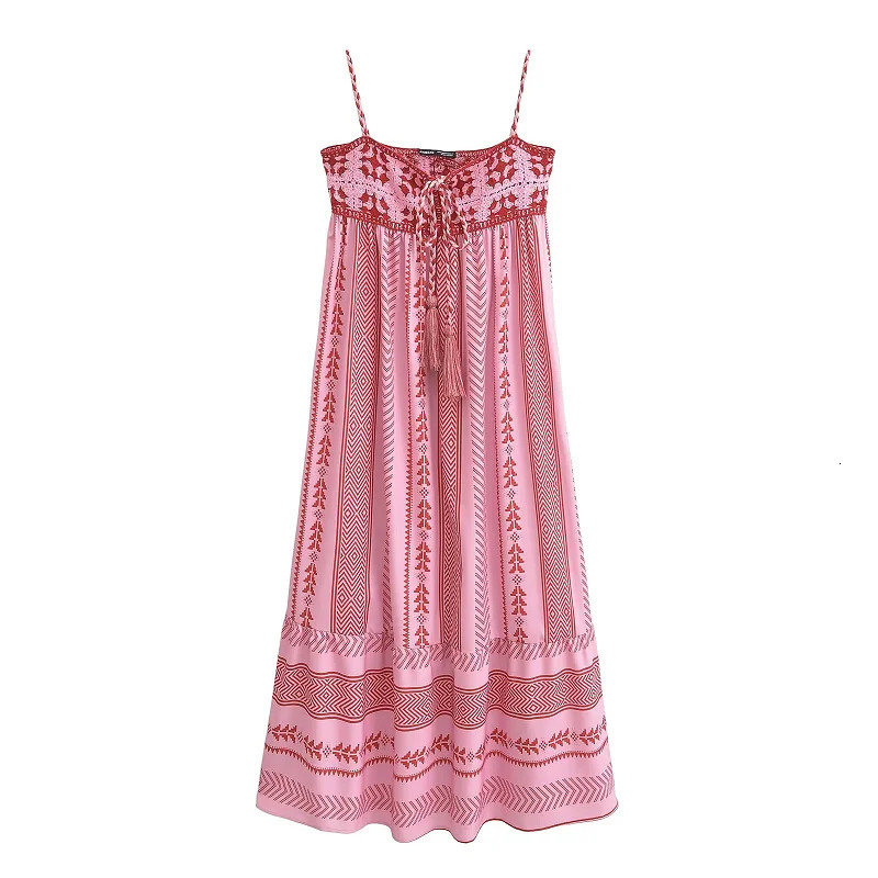 TRAF Long Dresses 2024 Summer Womens Elegant Midi Ladies Fashion Casual Print Embroidery Butterfly LaceUp Slip Dress 250207
