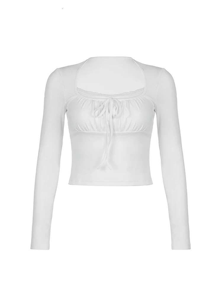 Ruched Tie Lace Trim Square Collar Slim Long Sleeve White Y2K T Shirt Women Cute Japanese Kawaii Clothing 250114