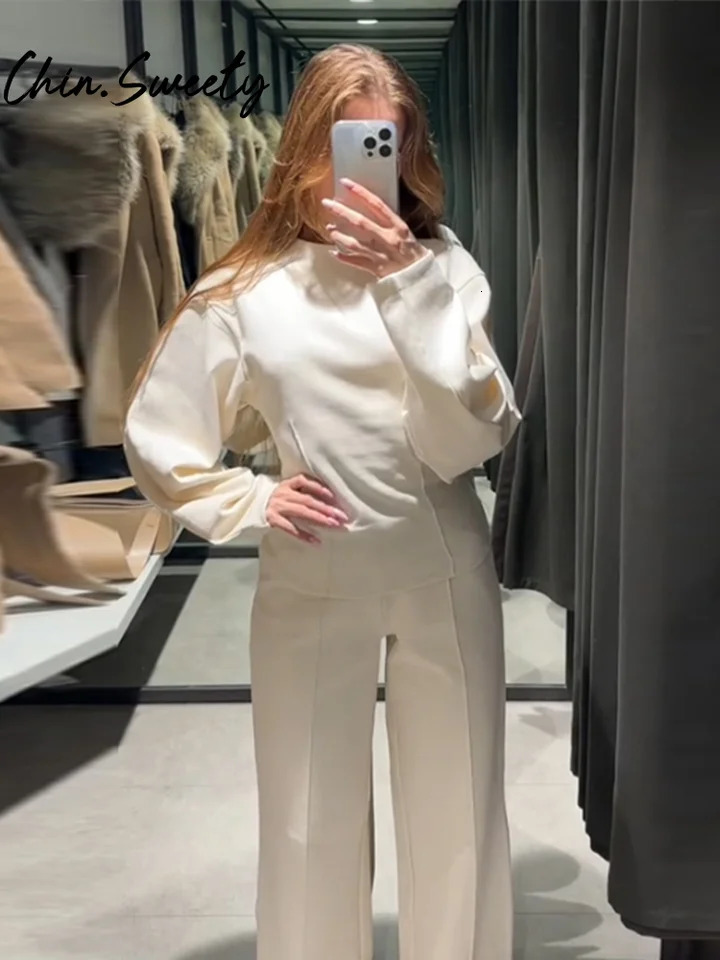 Casual Solid Top Pants Women Set Fashion Long Sleeve O-neck Pleated Tops Wide Leg Trousers Autumn Vacation Lady Suit 250207