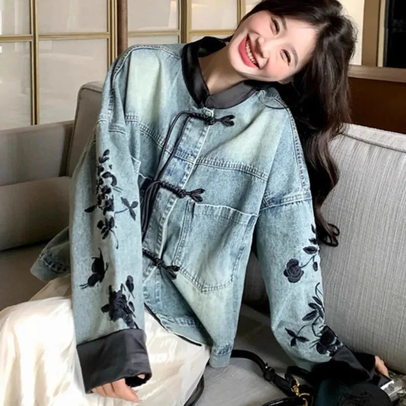 Chic Denim Jacket Womens Outwear 2024 Spring Autumn Chinese Loose Embroidered Plus Size 3XL Jeans Short Coat Tops 250208Z