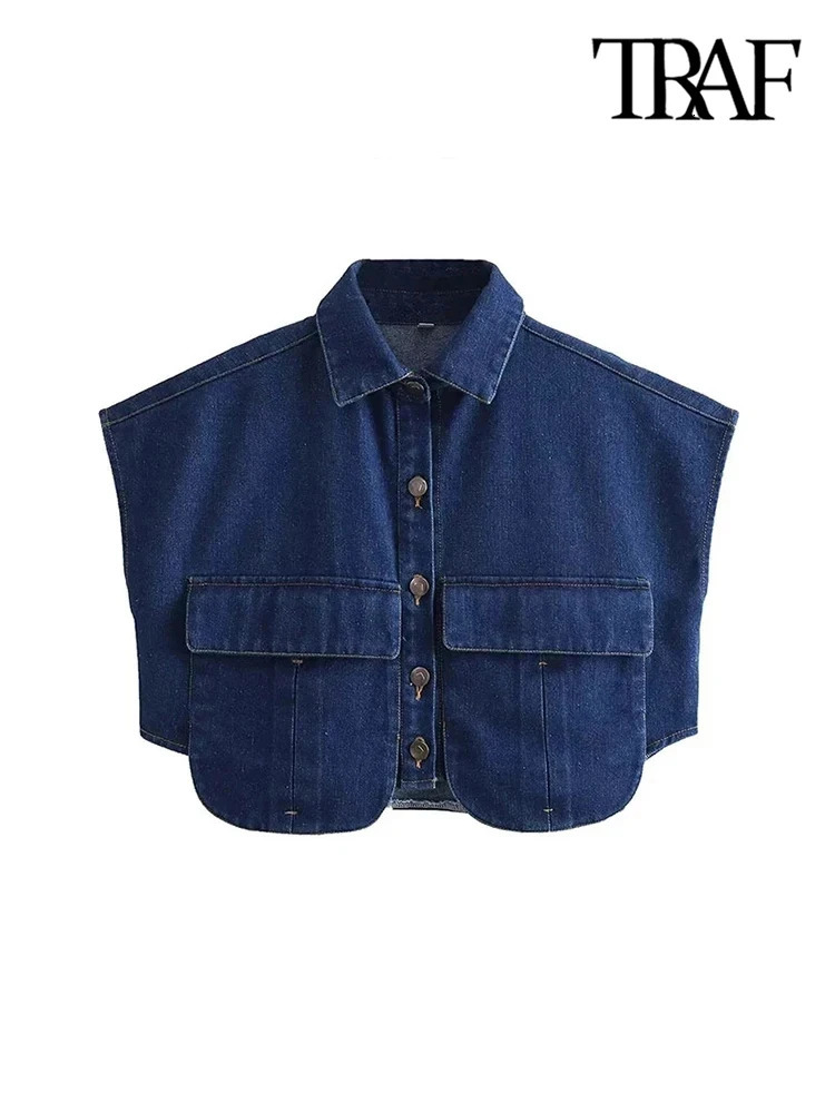 TRAF Women Fashion With Pockets Cropped Denim Shirts Sexy Sleeveless Buttonup Female Blouses Blusas Chic Tops 250121
