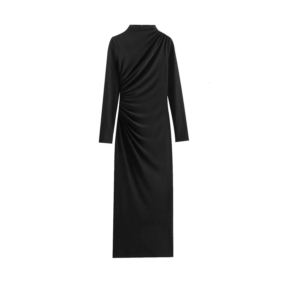 Zach Ailsa womens slim fit pleated decorative Midi dress autumn item stand collar long sleeved mid length skirt 250207