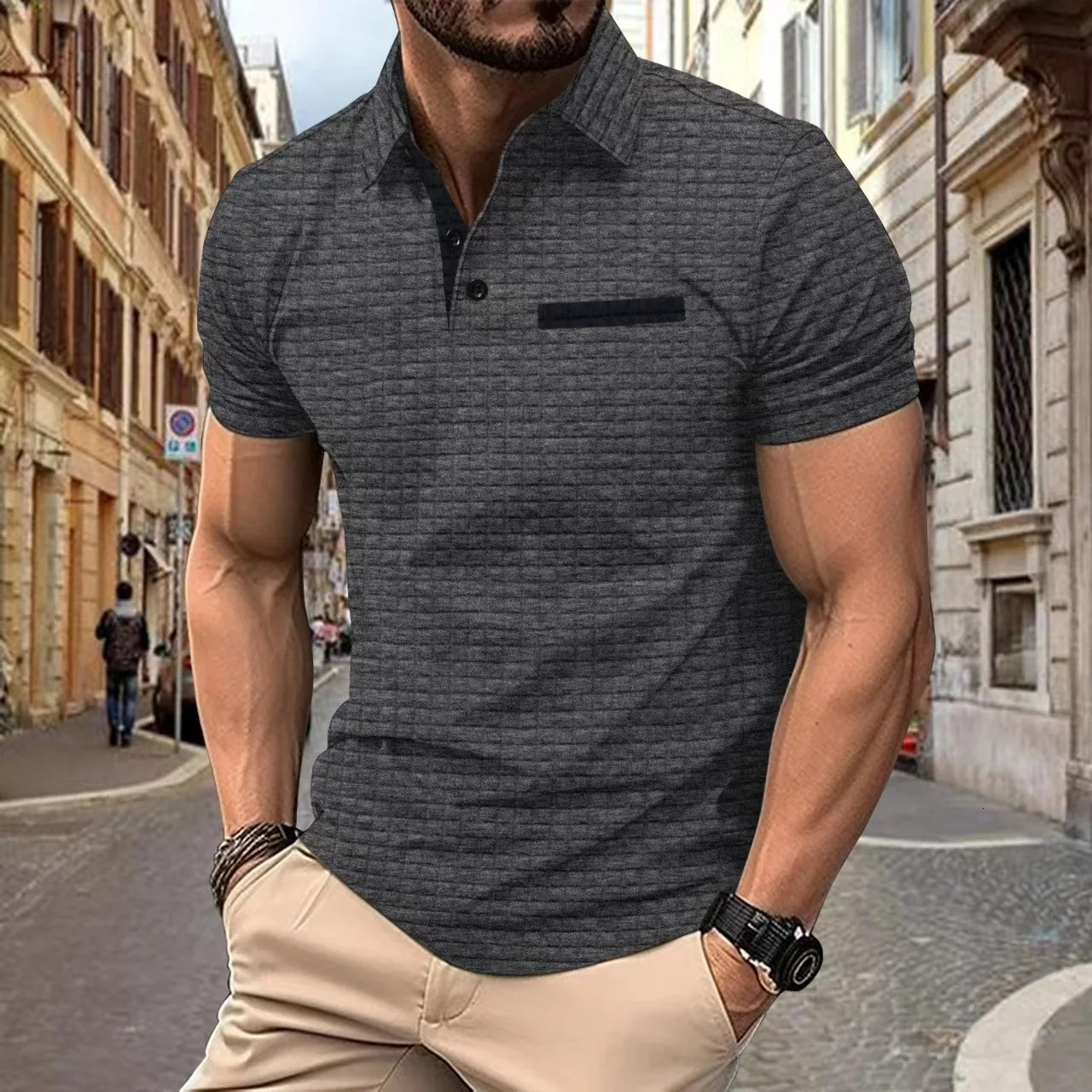 2024 Summer Mens Fashion Casual Solid Color Loose Edition Sports Fitness Jacquard Checkered Polo Shirt 250208Z