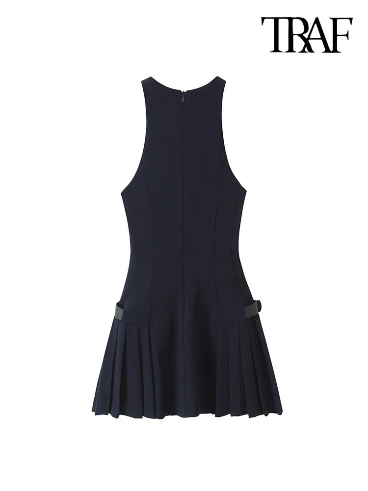 TRAFPleated Mini Dress with Side Loops for Women Halter Neck Back Zipper Female Dresses Chic Fashion 250208wtt