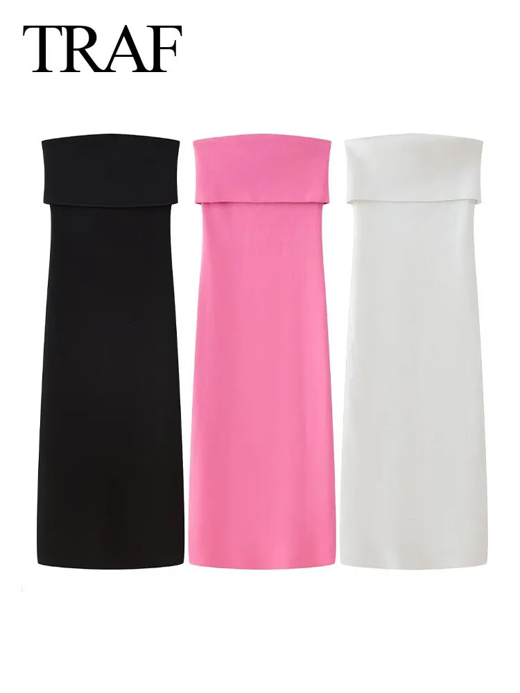TRAFZA 2024 Womens Pink Dress For Beach Party Midi Dres Solid Strapless Backless Off Shoulder Slim Long Dresses Summer 250207
