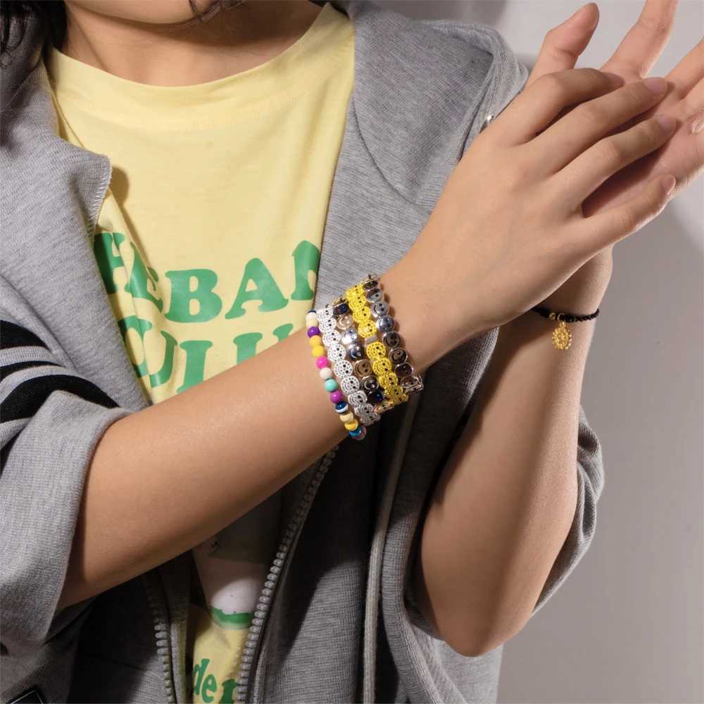 2024 New Gold Color Bangle Happy Elastic Bracelets For Women Beaded Accessory Y250208