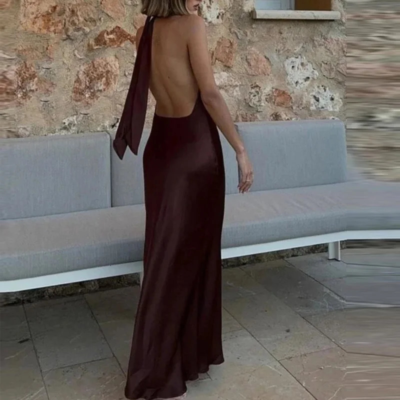 TRAF Halter Satin Long Dres Tied Backless Brown Midi Dress Summer Off Shoulder Party Dresses Pleated Evening 250207