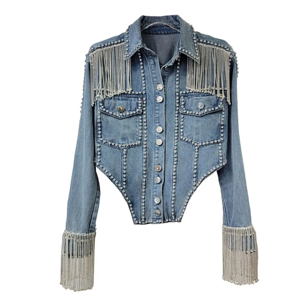 Autumn Clothes Diamond Chain Tassel Denim Jacket Women Irregular Slim-Fit Heavy Handmade Jean Jacket Casacos Feminino 250122