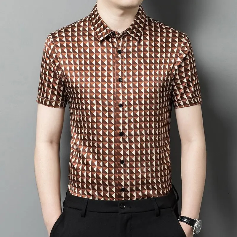 Business Turndown Collar Contrast Color Summer Short Sleeve Plaid Button Cardigan Shirt Casual Formal Mens Clothing Tops 250207