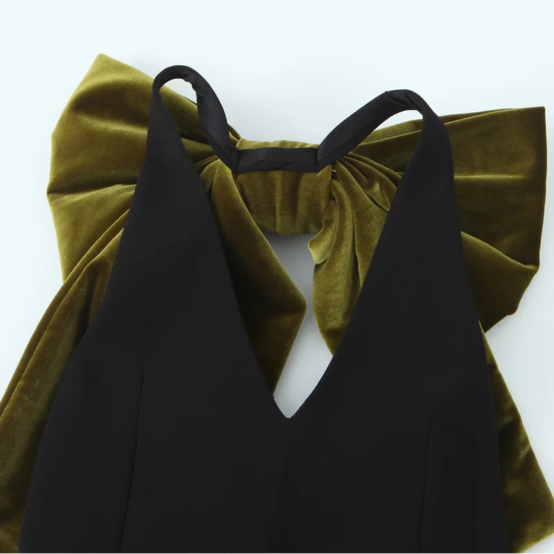 TRAF dress sleeveless black mini summer bow velvet backless sexy short skirt womens party 250208Z