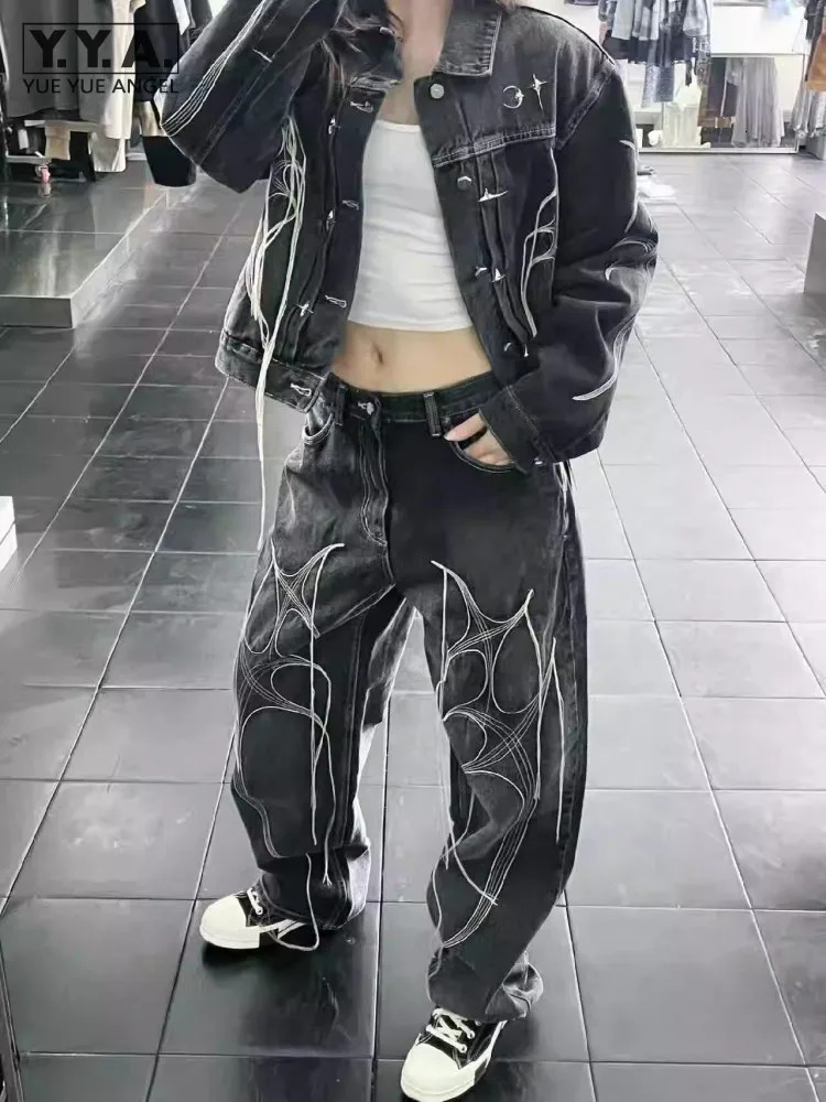 High Street Mens Loose Fit Tassels y Denim Jacket Jeans Two Piece Set Stage Show Outfits Hip Hop Cowboy Sets 250108