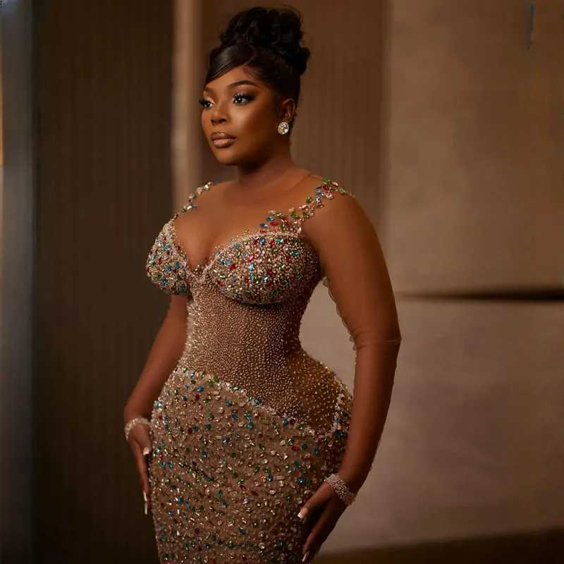 Aso Ebi Illusion Mermaid Prom Dresses 2025 Crystals Beaded urious Evening Formal Party Second Birthday Engagement Gowns Plus Size Dress For Special Oc