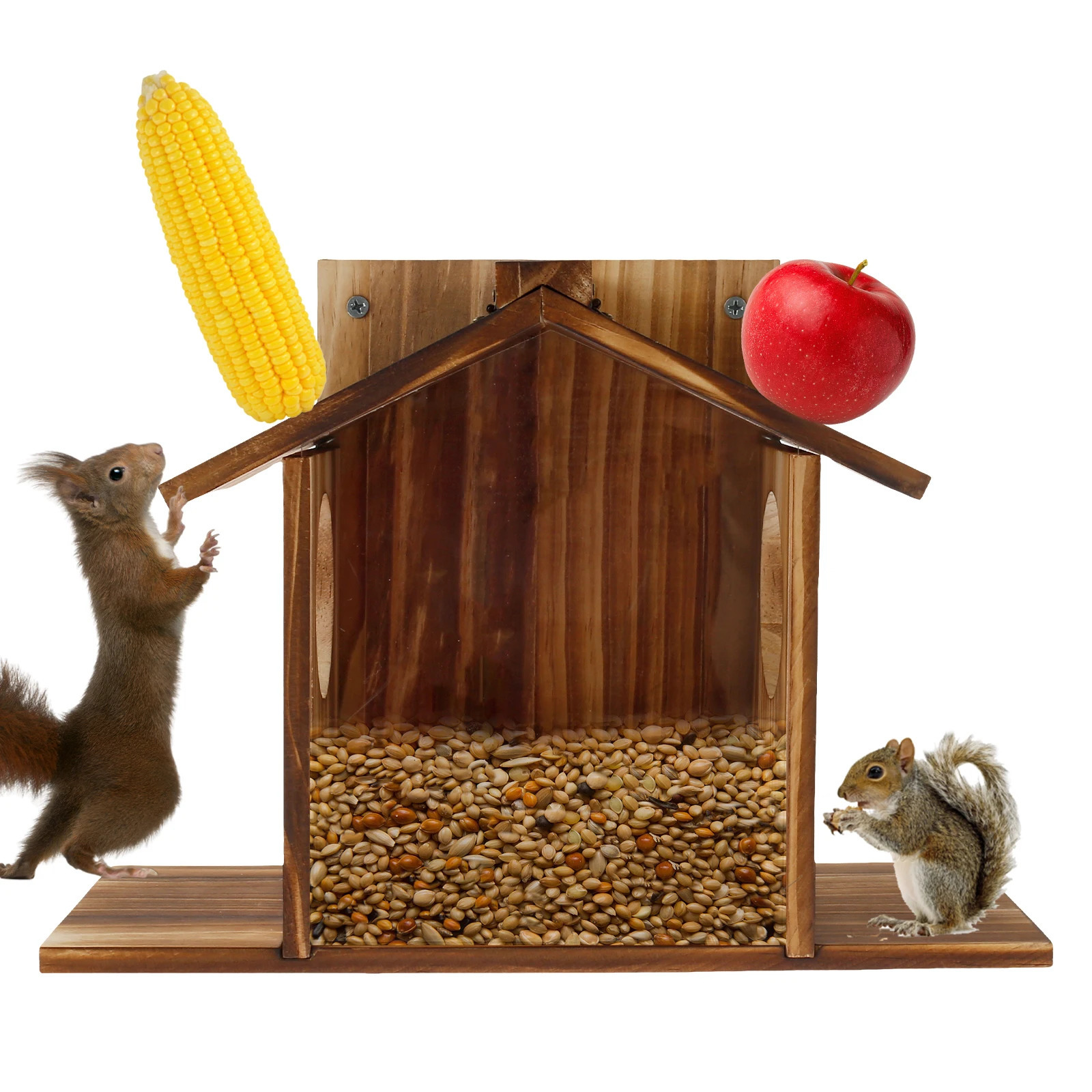 Wood Squirrel Feeder for Outside Wooden Chipmunk Feeder for Corn Durable Box Easy to Fill with Removable Front Panel 250207