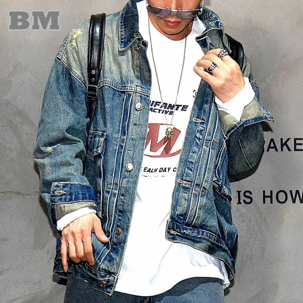 High Quality American Streetwear Denim Jacket Mens Clothing Korean Fashion Hip Hop Jean Loose Distressed Blue Coat Male 250207