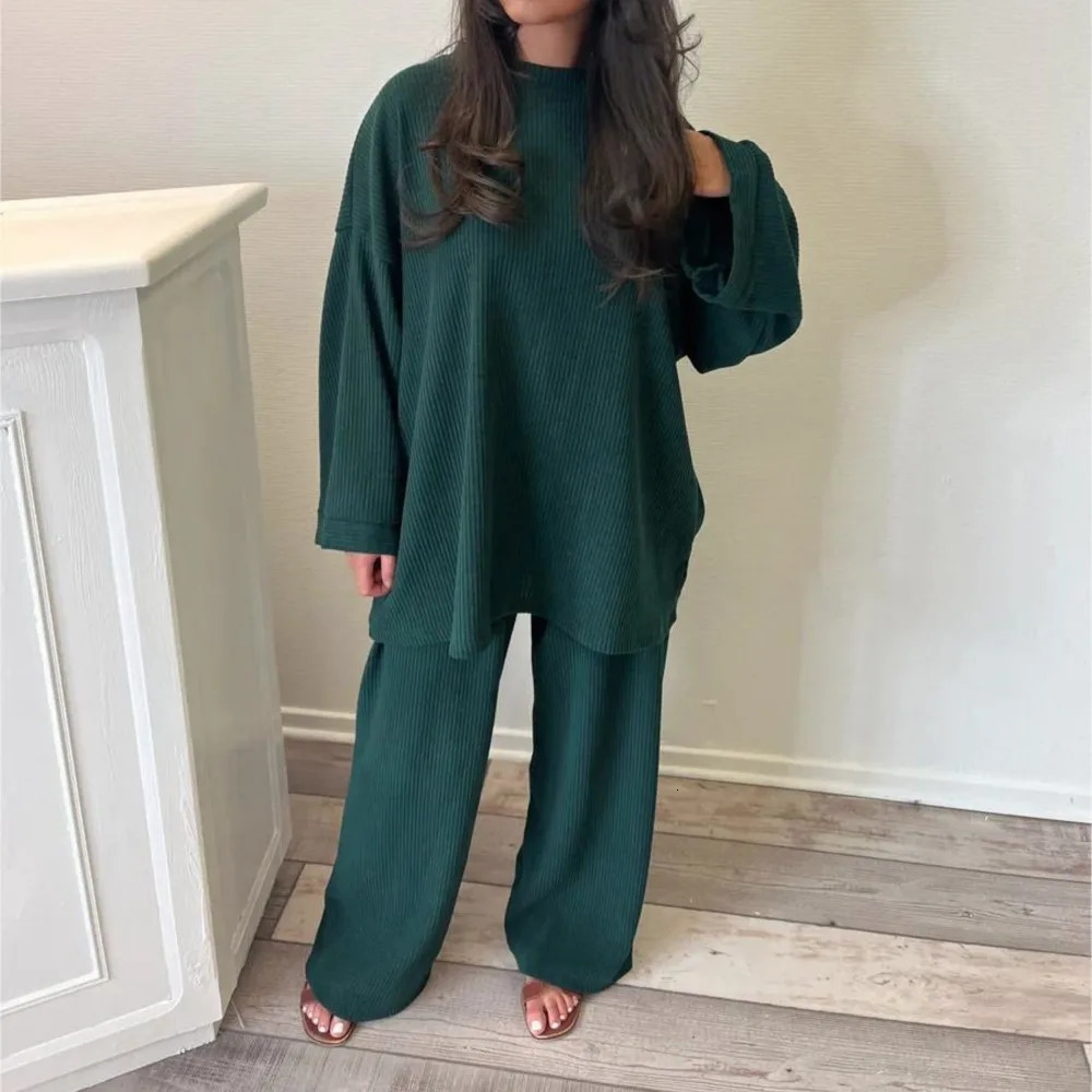 Spring Autumn Solid Color Corduroy Pants Sets Women Loose Long Sleeve Wide Legs Trousers Two Piece Set Female Commuting Clothing 250207