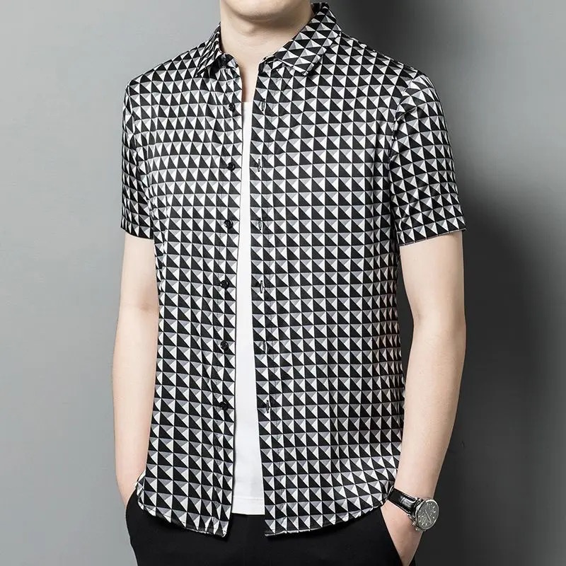 Business Turndown Collar Contrast Color Summer Short Sleeve Plaid Button Cardigan Shirt Casual Formal Mens Clothing Tops 250207