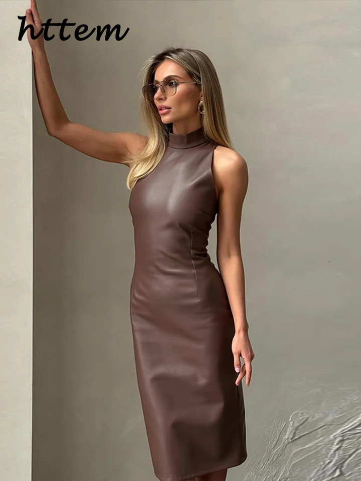 Vintage Midi Leather Dres Slim Turtleneck Sleeveless Hip Package Female Dresses 2024 Autumn Lady Elegant Party 250207
