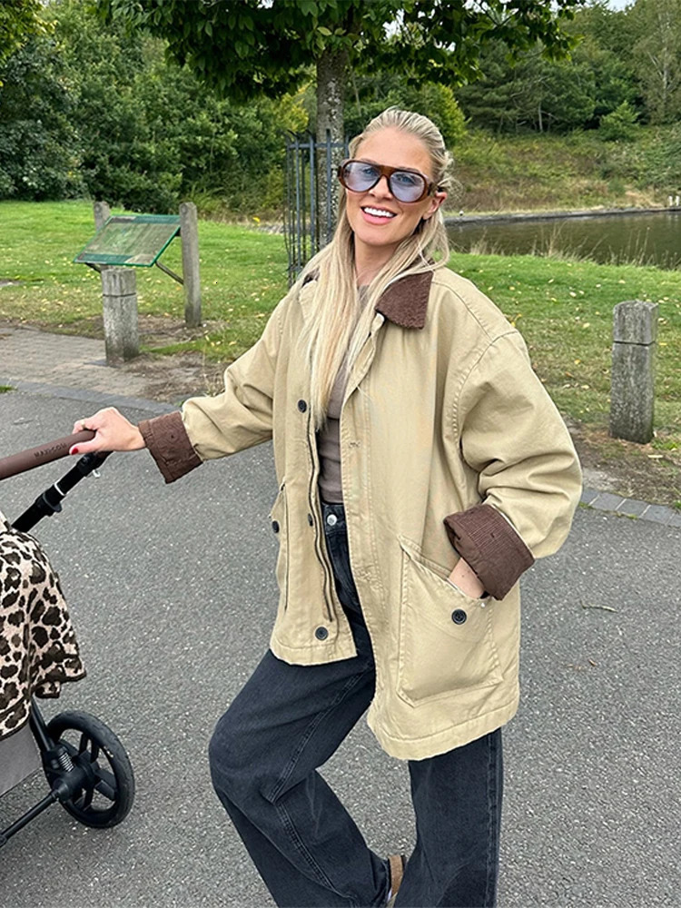 Contrast Lapel Womens Jackets Casual Long Sleeve Zipper Pocket Female Coats 2024 Autumn Winter Fashion Lady Streetwear Outwears 250208Z