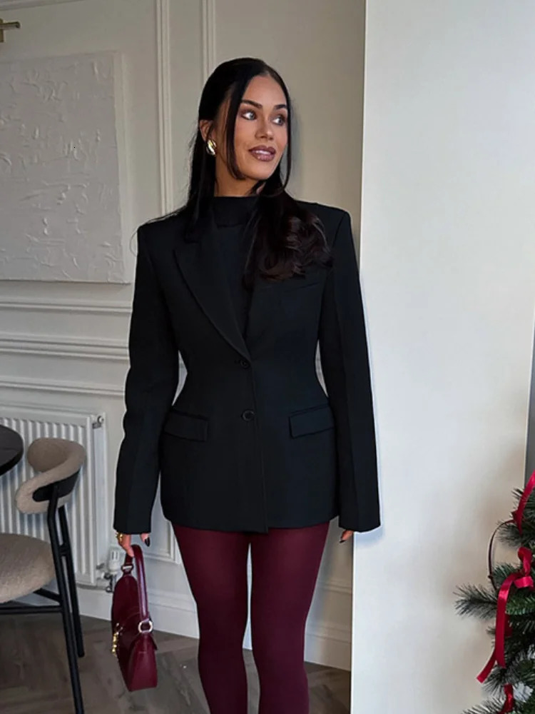 2025 Chic Burgundy Single Breasted Full Sleeve Wool Jacket Casual Slim Fit Lapel Pockets Coat Lady High Street Outerwears 250110