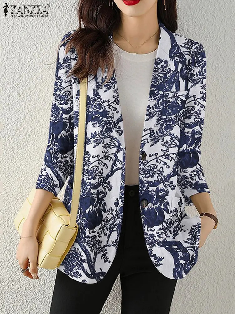 Womens Autumn OL Blazer ZANZEA Elegant Floral Printed Jackets Lapel Neck Long Sleeve Thin Outwear Summer Suits Officewear 250207