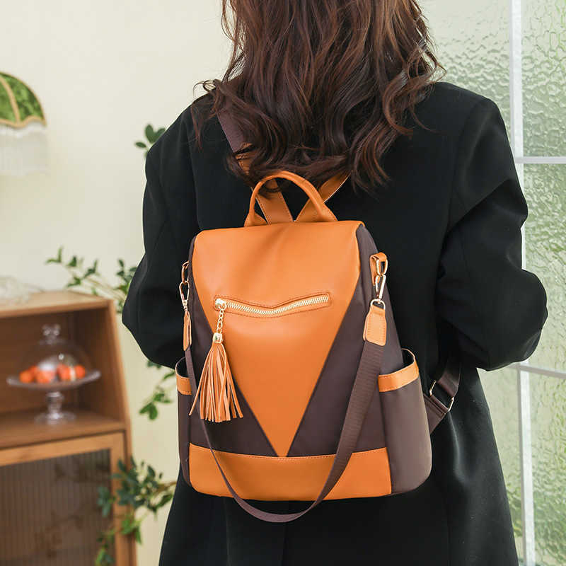 Womens Backpack Fashion Contrasting Color Outdoor Travel Backpack Oxford Cloth Dual Use Leisure Backpack Womens Bag