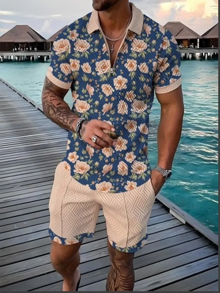 Fashion summer mens flower shirt casual holiday shortsleeved Polo set 3D printed clothing 2 pieces 250207