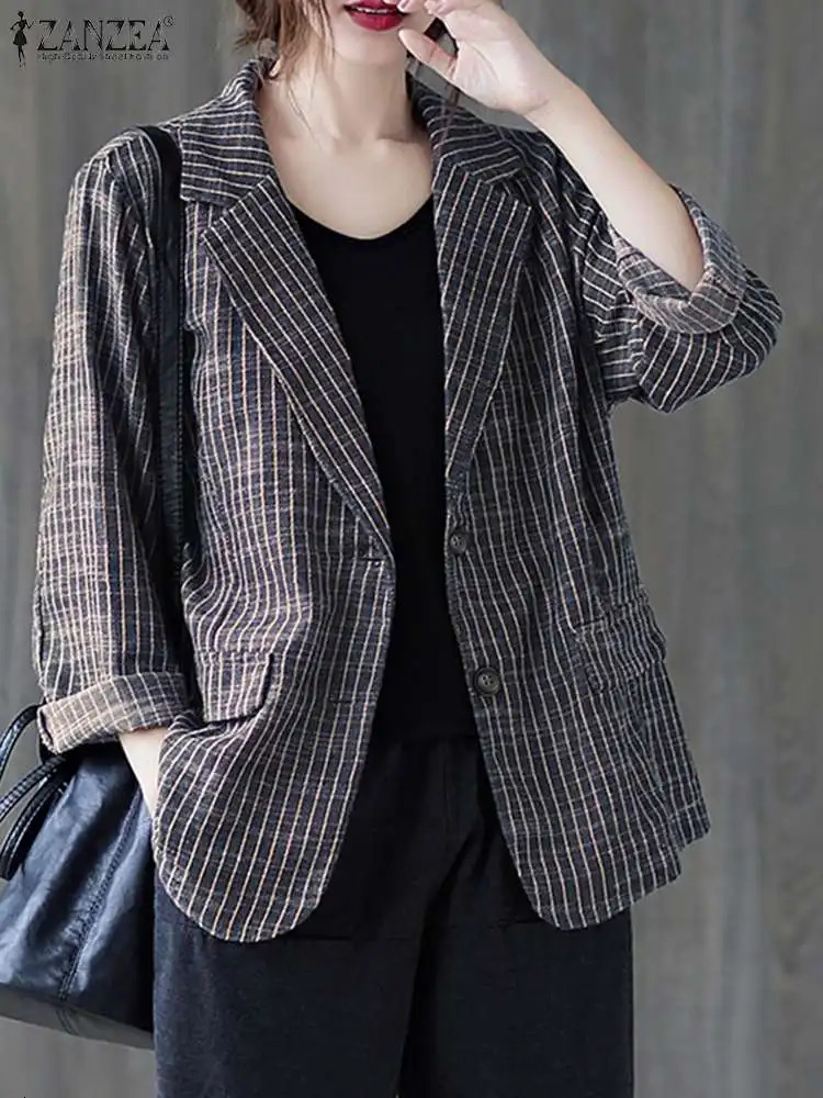 ZANZEA Fashion Stripe Printed Blazer Womens Long Sleeve Lapel Neck Jackets Autumn Casual Street Outwear Vintage OL Suits 250207