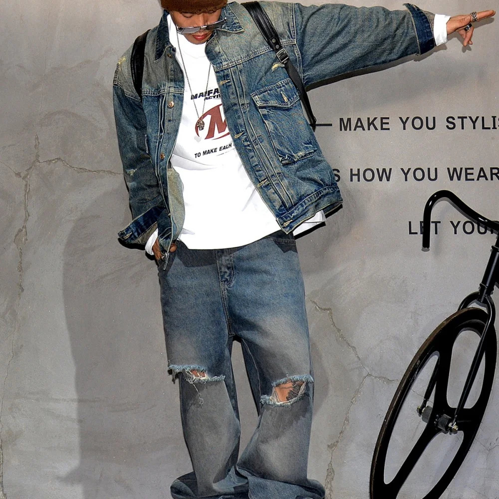 High Quality American Streetwear Denim Jacket Mens Clothing Korean Fashion Hip Hop Jean Loose Distressed Blue Coat Male 250207