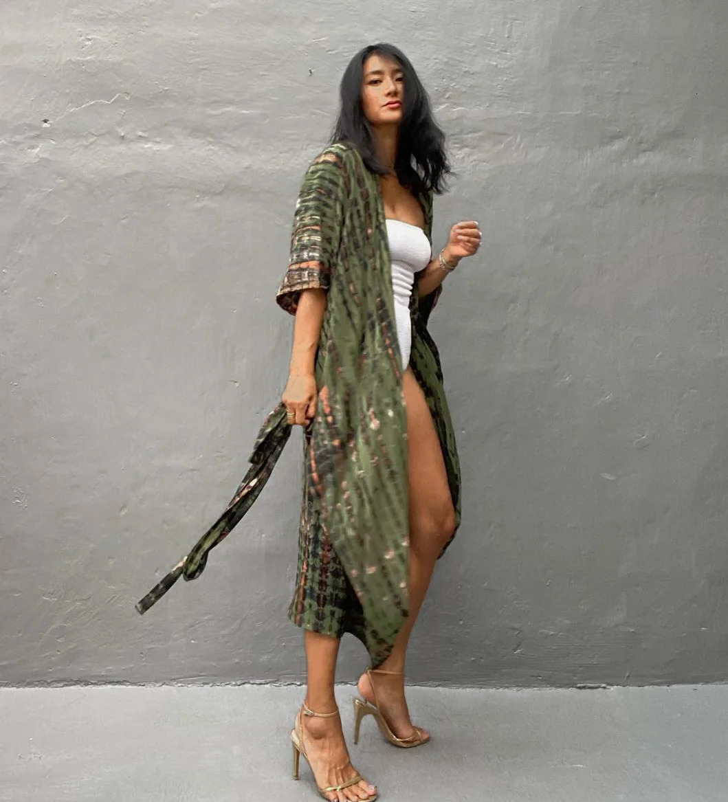 Plus Size Boho Cover Up Womens Animal Print Bat Sleeve V Neck Loose Split Dress 250208Z