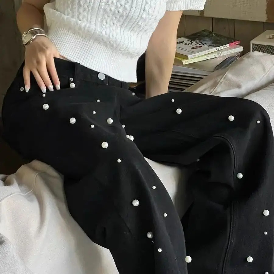 Loose And Fashionable Jeans Baggy Vintage Denim Trousers Pearls Cow Pants Aesthetic Trashy Oversize Clothes 250206