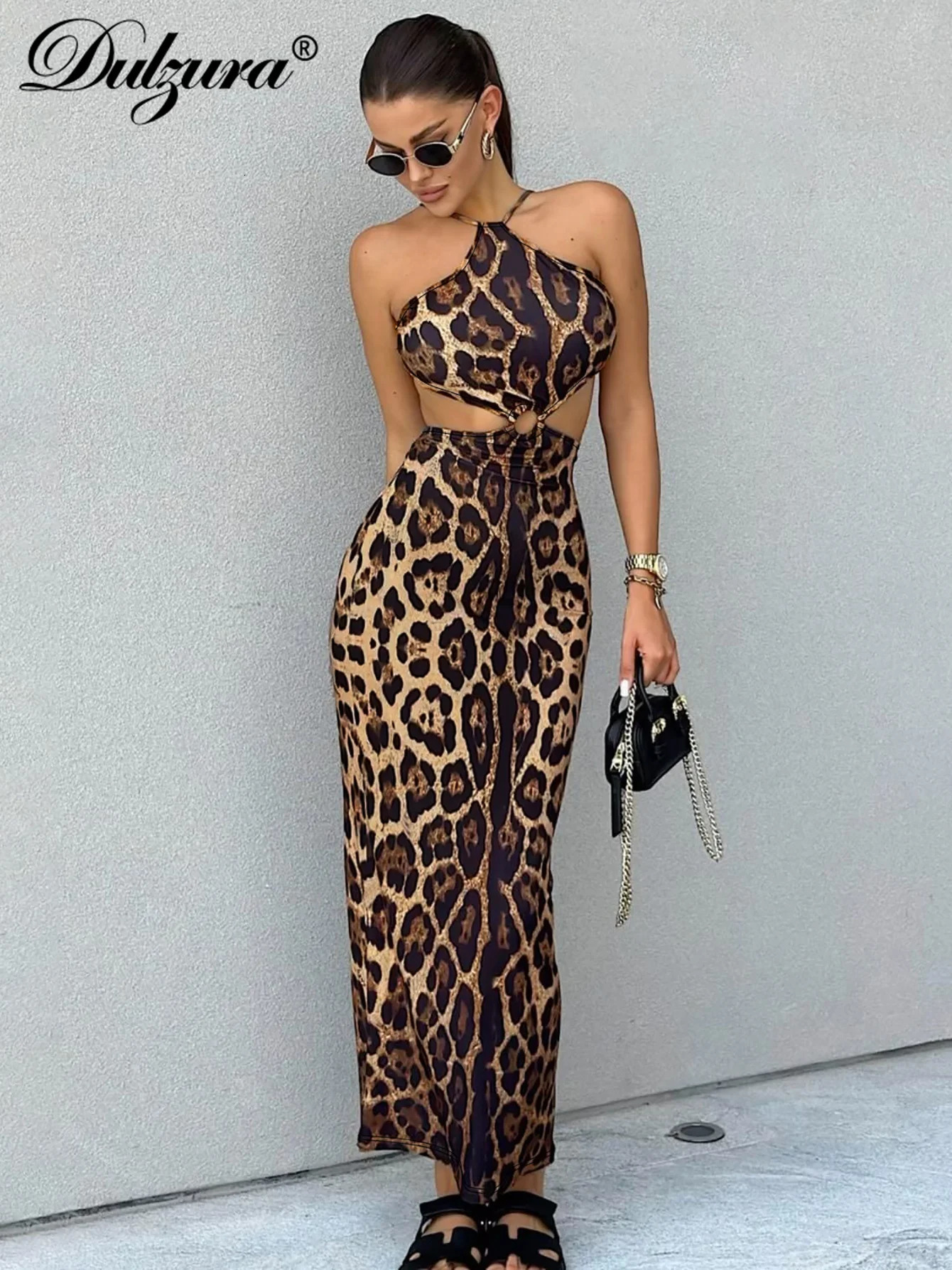 Dulzura Leopard Sleeveless Halter Hollow Out Backless Midi Dress With Button Womens Sexy Outfit Party Clubwear Autumn Winter 250207