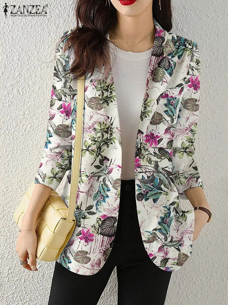 Womens Autumn OL Blazer ZANZEA Elegant Floral Printed Jackets Lapel Neck Long Sleeve Thin Outwear Summer Suits Officewear 250207